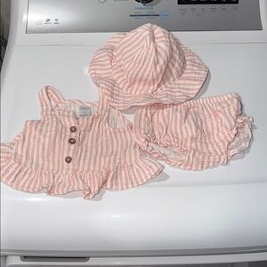 Light Pink Stripe Baby Three-Piece Set with Hat